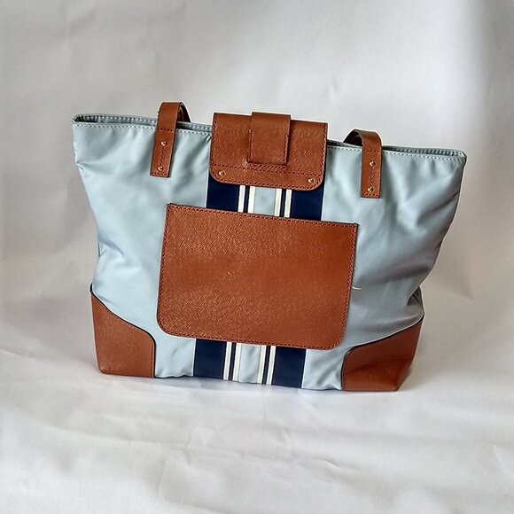 Tory Burch Penn Nylon Leather Tote Bag Purse Lt Blue Navy Key Ring - Picture 4 of 6